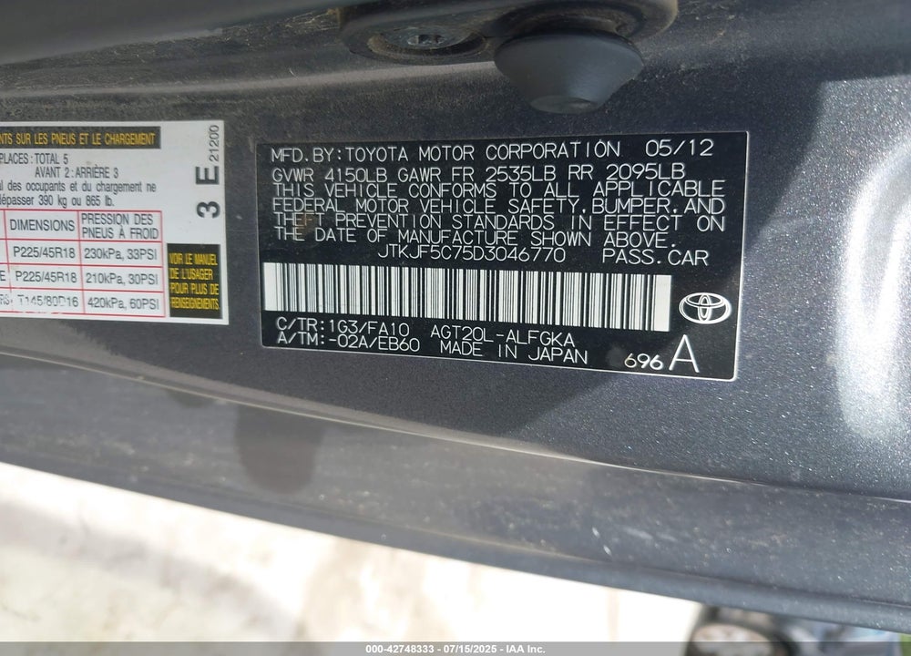 2013 SCION TC VIN: JTKJF5C75D3046770