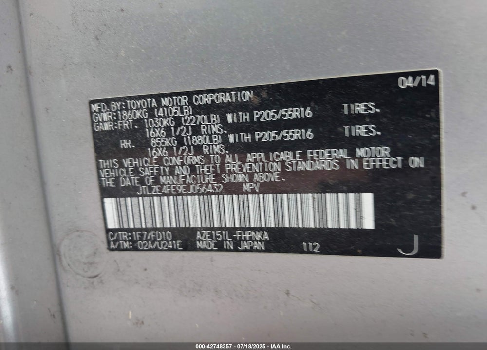 2014 SCION XB VIN: JTLZE4FE9EJ056432