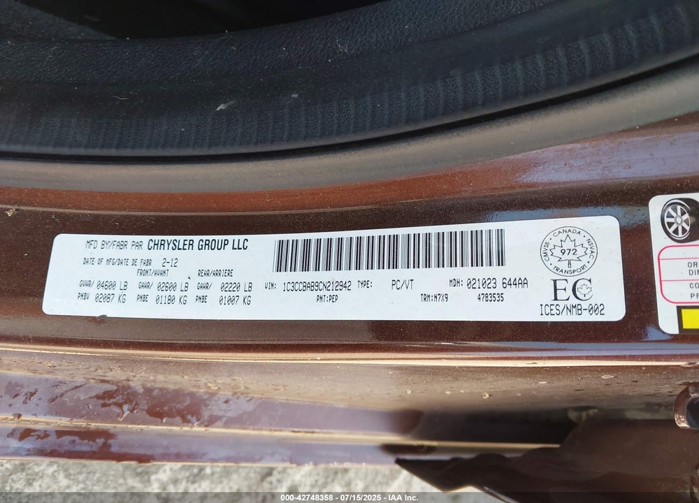 2012 CHRYSLER 200 VIN: 1C3CCBAB9CN212942