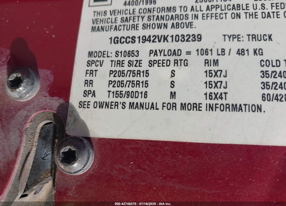 1997 CHEVROLET S-10 LS SPORTSIDE VIN: 1GCCS1942VK103239