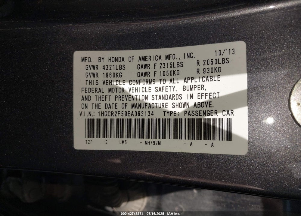 2014 HONDA ACCORD VIN: 1HGCR2F59EA063134