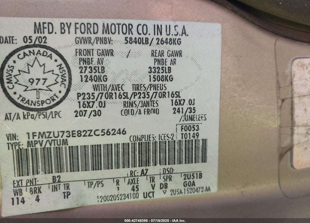 2002 FORD EXPLORER VIN: 1FMZU73E82ZC56246