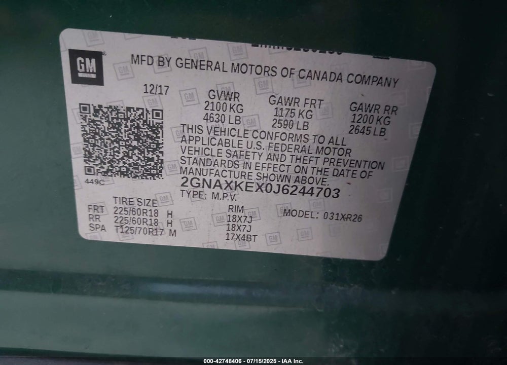 2018 CHEVROLET EQUINOX VIN: 2GNAXKEX0J6244703