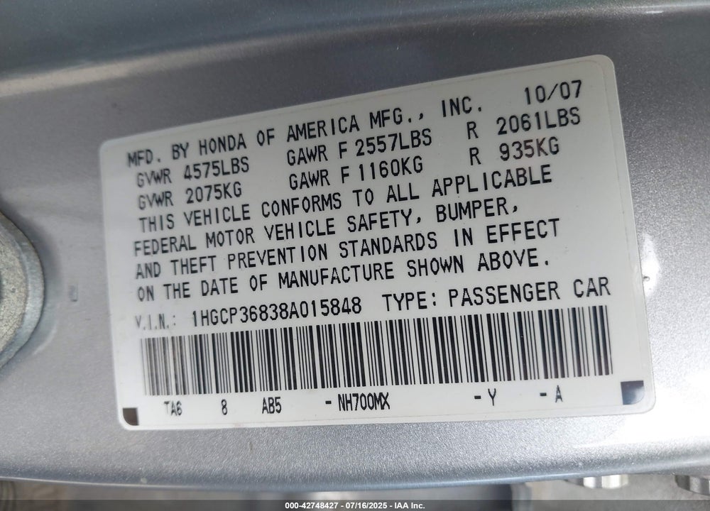 2008 HONDA ACCORD VIN: 1HGCP36838A015848