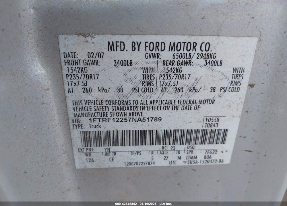 2007 FORD F-150 VIN: 1FTRF12257NA51789