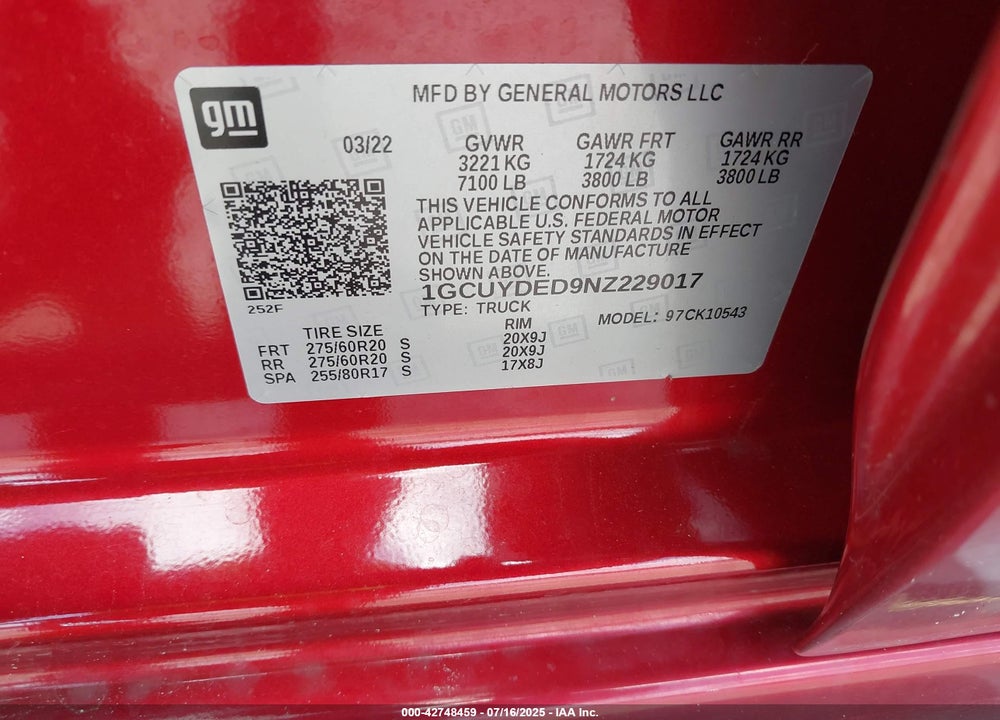 2022 CHEVROLET SILVERADO 1500 VIN: 1GCUYDED9NZ229017