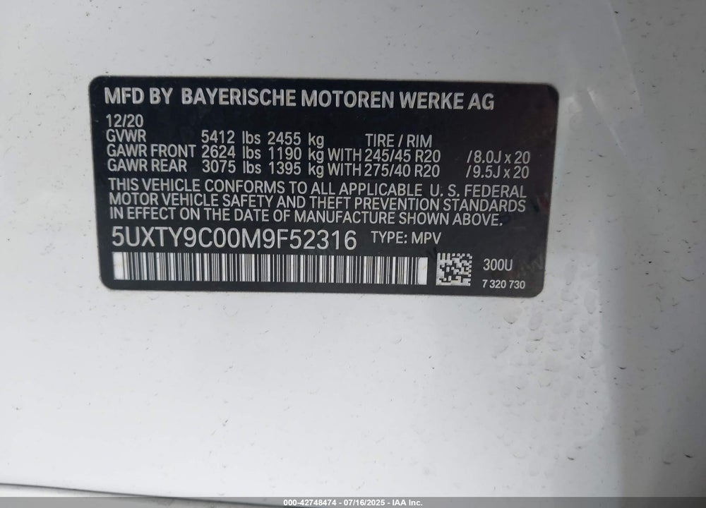 2021 BMW X3 VIN: 5UXTY9C00M9F52316
