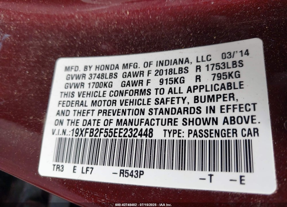 2014 HONDA CIVIC VIN: 19XFB2F55EE232448