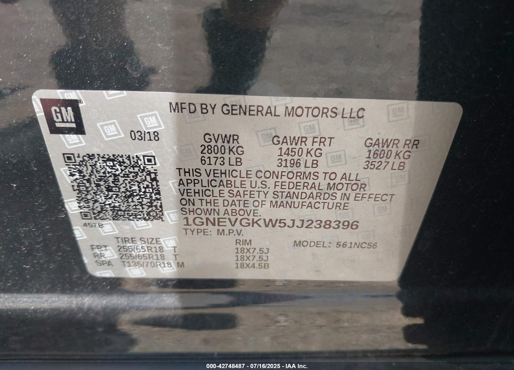 2018 CHEVROLET TRAVERSE VIN: 1GNEVGKW5JJ238396