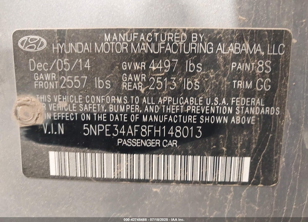 2015 HYUNDAI SONATA VIN: 5NPE34AF8FH148013