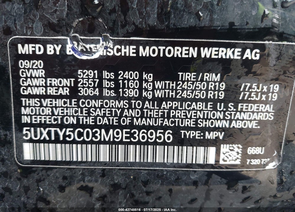 2021 BMW X3 VIN: 5UXTY5C03M9E36956
