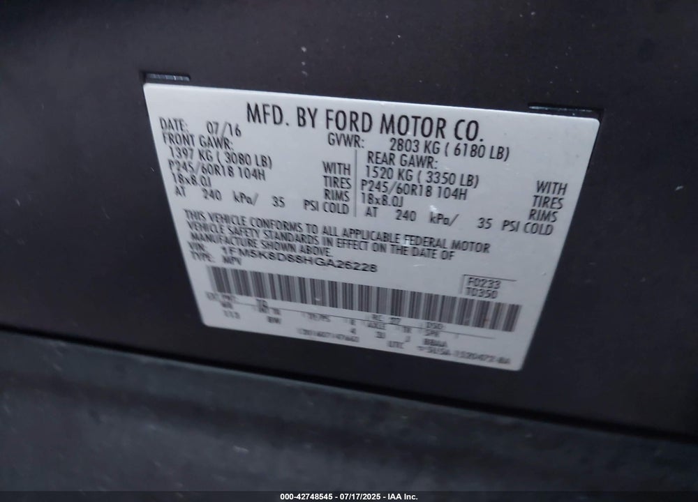 2017 FORD EXPLORER VIN: 1FM5K8D88HGA26228