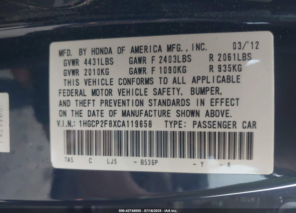 2012 HONDA ACCORD VIN: 1HGCP2F8XCA119658
