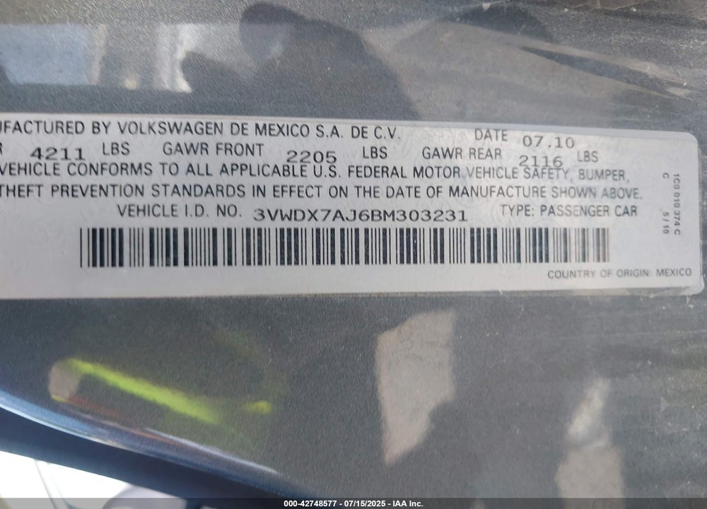 2011 VOLKSWAGEN JETTA 2.5L SE VIN: 3VWDX7AJ6BM303231