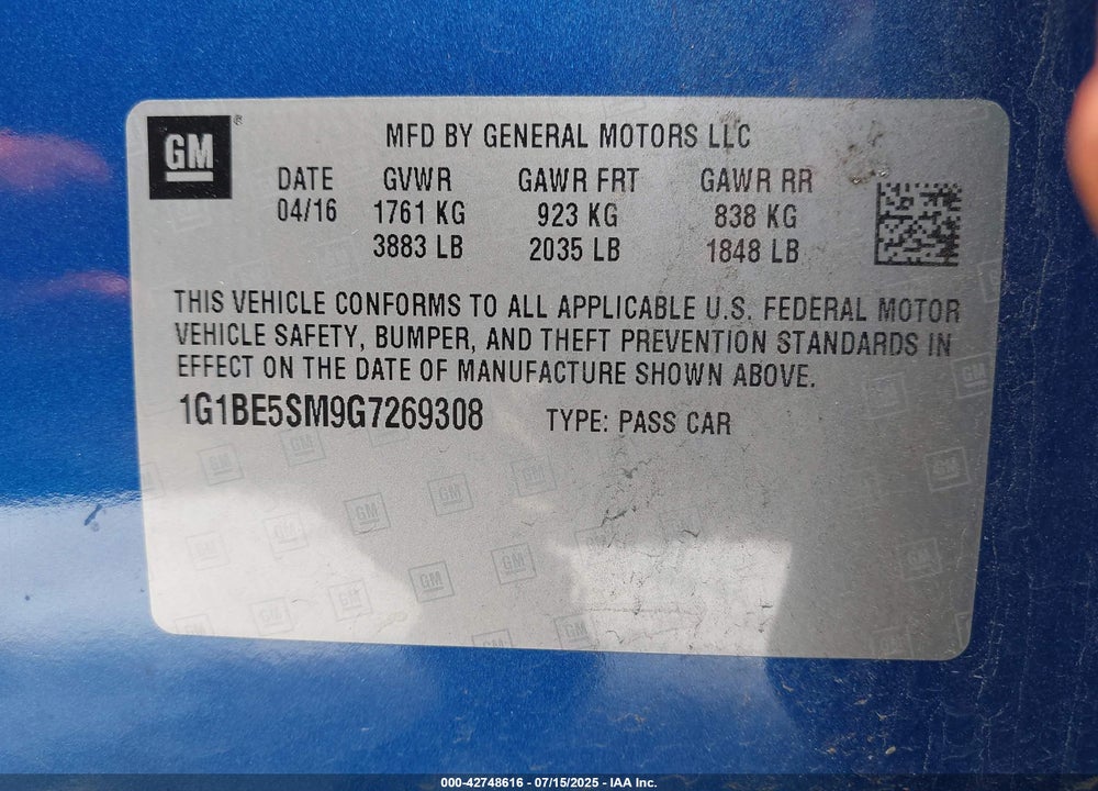 2016 CHEVROLET CRUZE LT AUTO VIN: 1G1BE5SM9G7269308