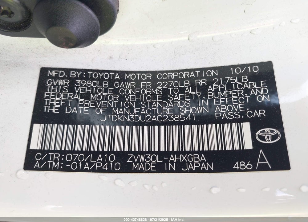 2010 TOYOTA PRIUS VIN: JTDKN3DU2A0238541