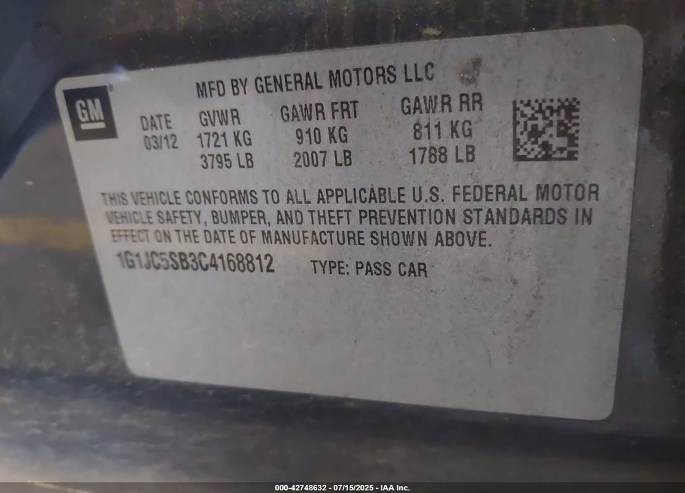 2012 CHEVROLET SONIC 2LT VIN: 1G1JC5SB3C4168812