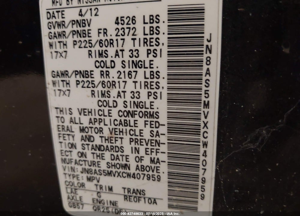 2012 NISSAN ROGUE VIN: JN8AS5MVXCW407959