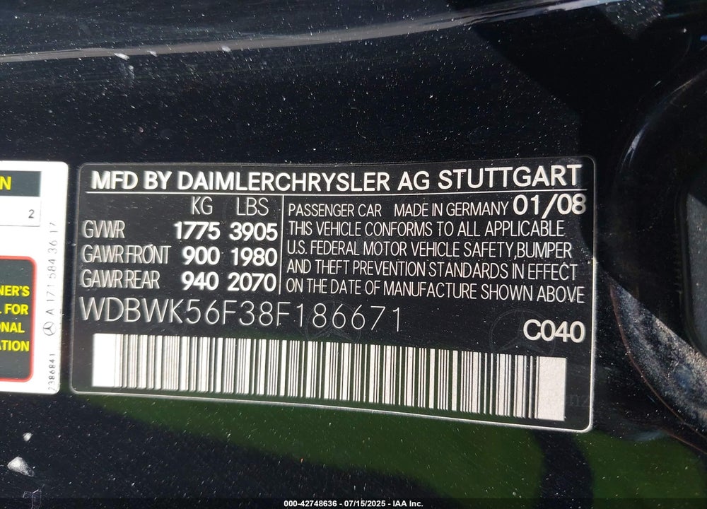 2008 MERCEDES-BENZ SLK 350 VIN: WDBWK56F38F186671