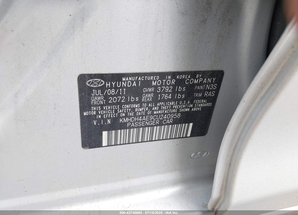2012 HYUNDAI ELANTRA VIN: KMHDH4AE9CU240958