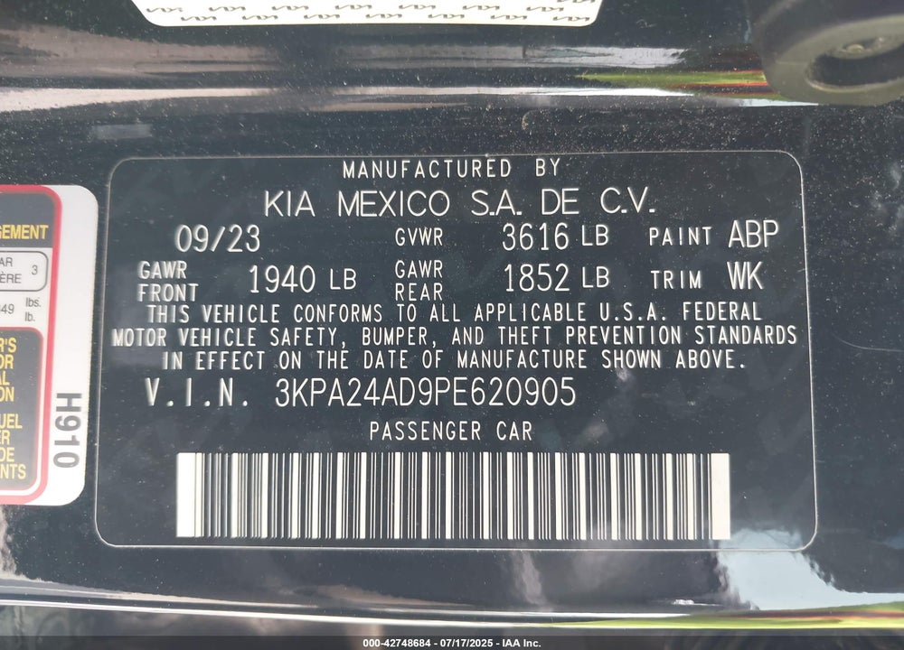 2023 KIA RIO VIN: 3KPA24AD9PE620905
