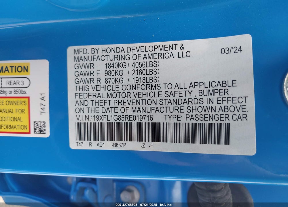 2024 HONDA CIVIC SPORT TOURING VIN: 19XFL1G85RE019716