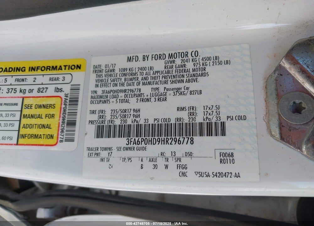2017 FORD FUSION VIN: 3FA6P0HD9HR296778