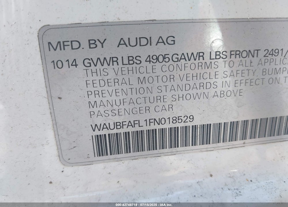 2015 AUDI A4 VIN: WAUBFAFL1FN018529