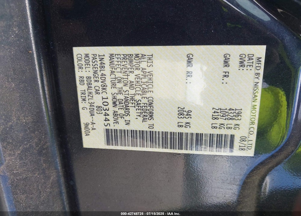 2019 NISSAN ALTIMA 2.5 SV VIN: 1N4BL4DV8KC103445