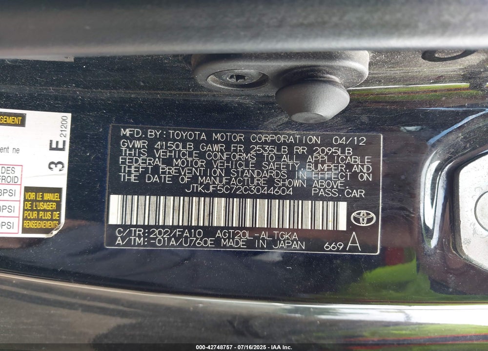 2012 SCION TC VIN: JTKJF5C72C3044604
