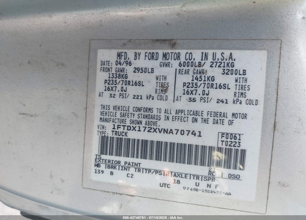 1997 FORD F-150 VIN: 1FTDX172XVNA70741