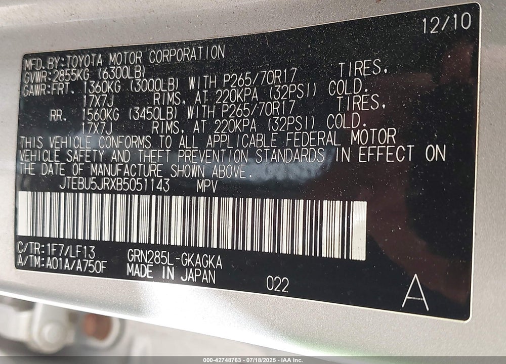 2011 TOYOTA 4RUNNER SR5 V6 VIN: JTEBU5JRXB5051143