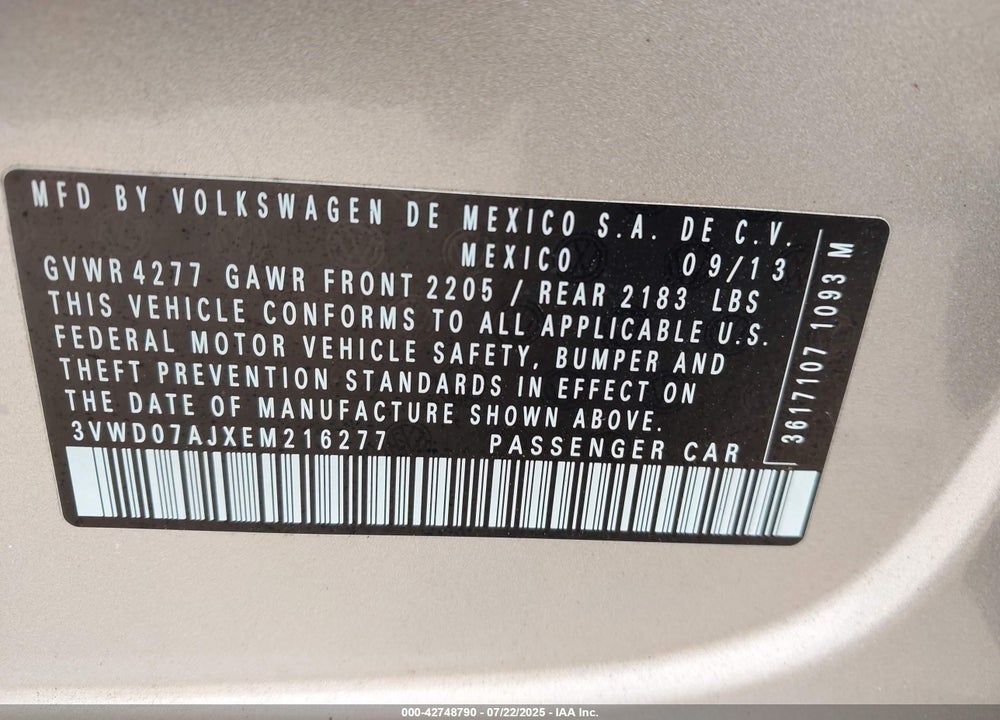 2014 VOLKSWAGEN JETTA VIN: 3VWD07AJXEM216277