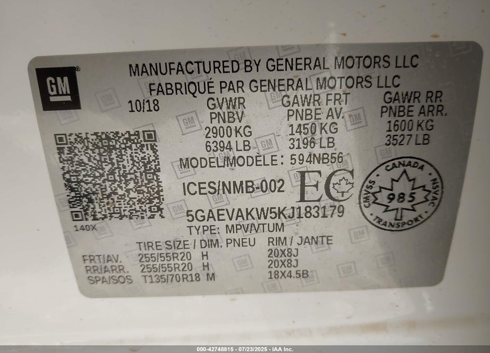 2019 BUICK ENCLAVE VIN: 5GAEVAKW5KJ183179