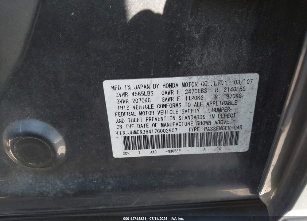 2007 HONDA ACCORD HYBRID VIN: JHMCN36417C002907