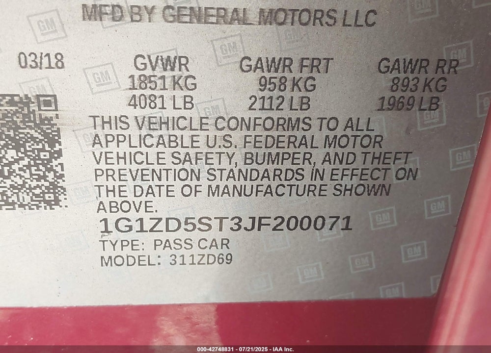2018 CHEVROLET MALIBU VIN: 1G1ZD5ST3JF200071