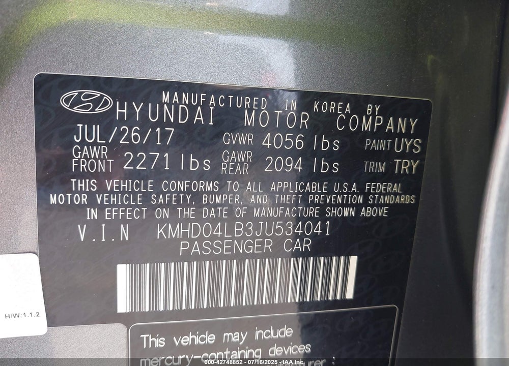 2018 HYUNDAI ELANTRA VIN: KMHD04LB3JU534041
