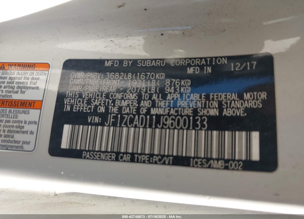 2018 SUBARU BRZ TS VIN: JF1ZCAD11J9600133