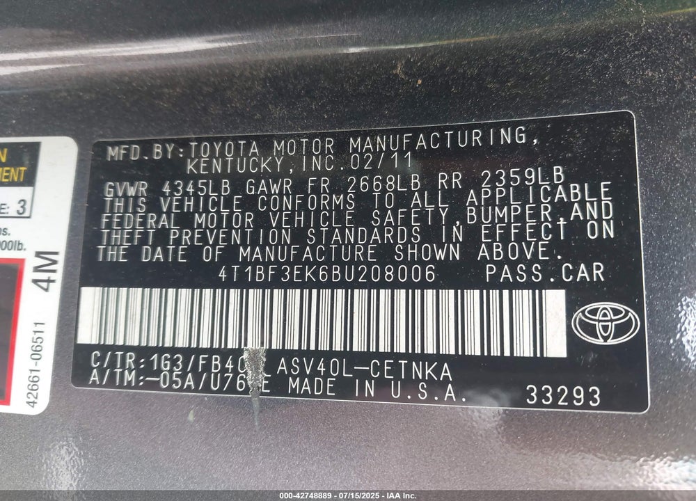 2011 TOYOTA CAMRY VIN: 4T1BF3EK6BU208006