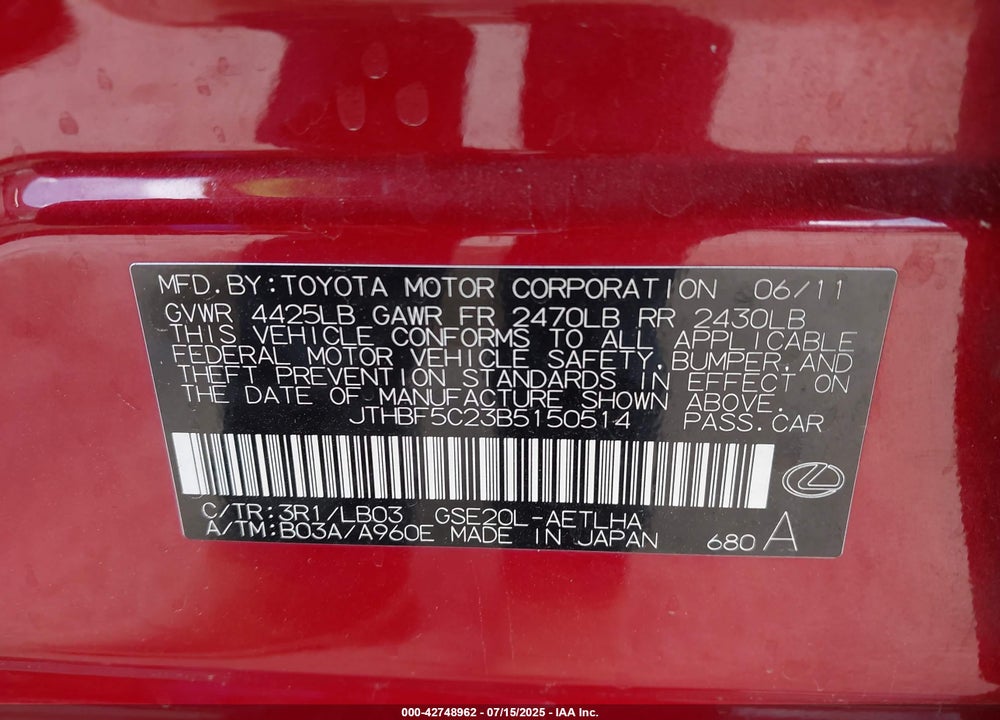 2011 LEXUS IS 250 VIN: JTHBF5C23B5150514
