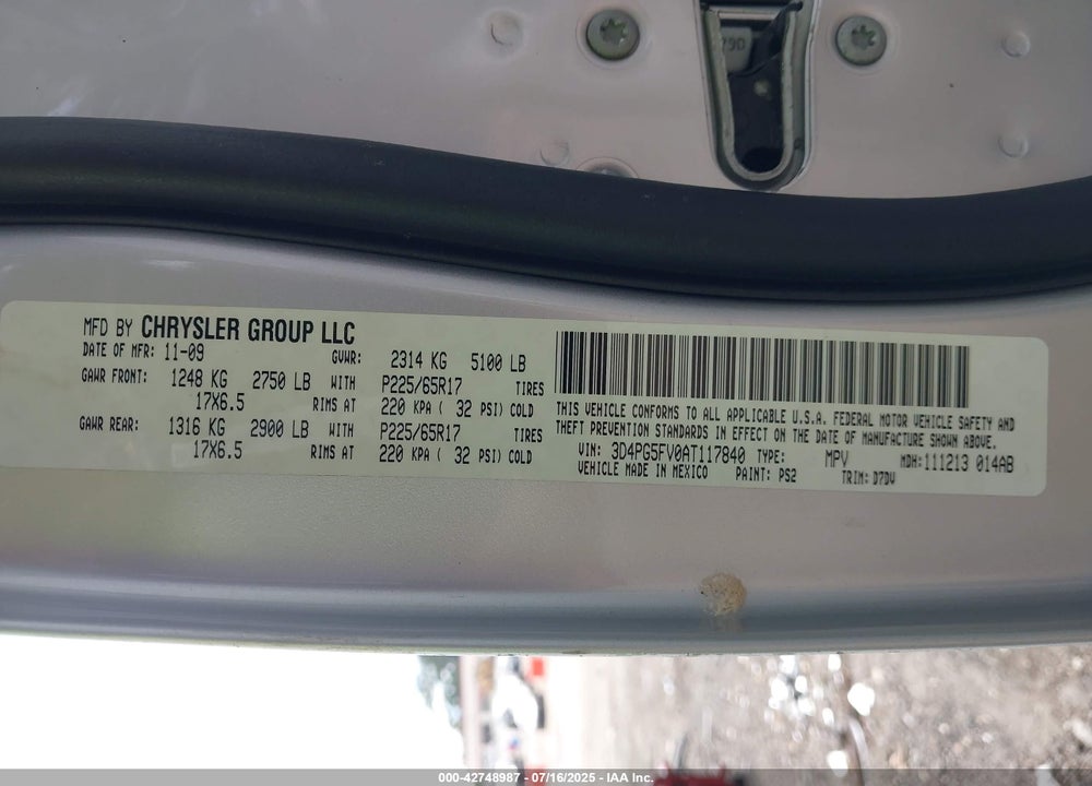 2010 DODGE JOURNEY VIN: 3D4PG5FV0AT117840
