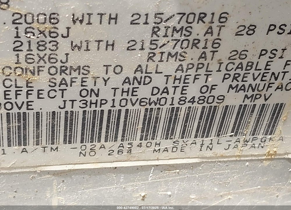 1998 TOYOTA RAV4 VIN: JT3HP10V6W0184809