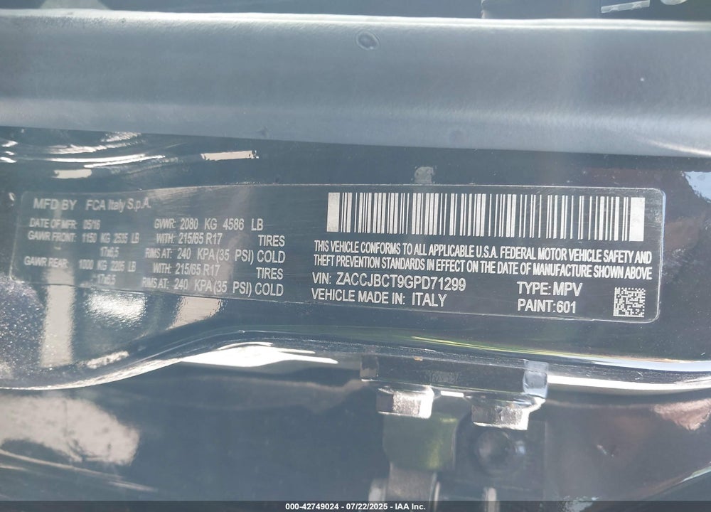 2016 JEEP RENEGADE VIN: ZACCJBCT9GPD71299