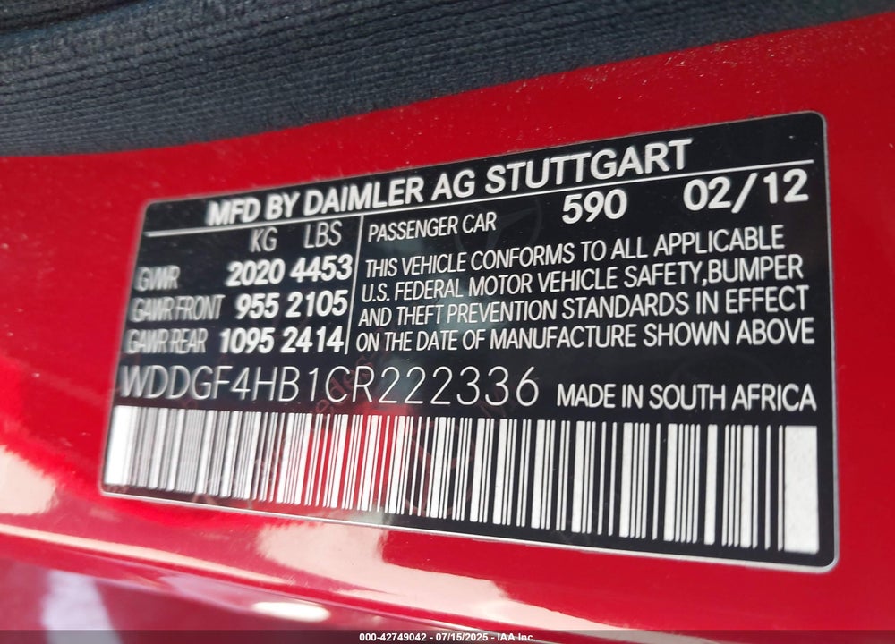 2012 MERCEDES-BENZ C CLASS VIN: WDDGF4HB1CR222336