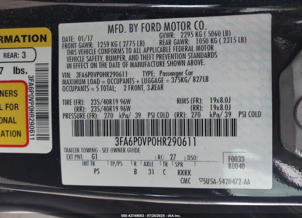 2017 FORD FUSION VIN: 3FA6P0VP0HR290611