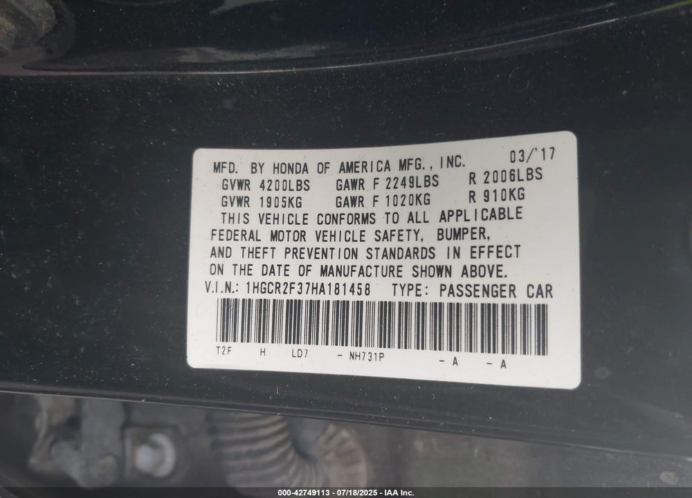 2017 HONDA ACCORD VIN: 1HGCR2F37HA181458