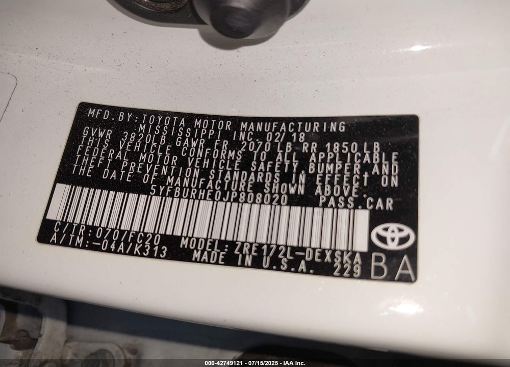 2018 TOYOTA COROLLA VIN: 5YFBURHE0JP808020