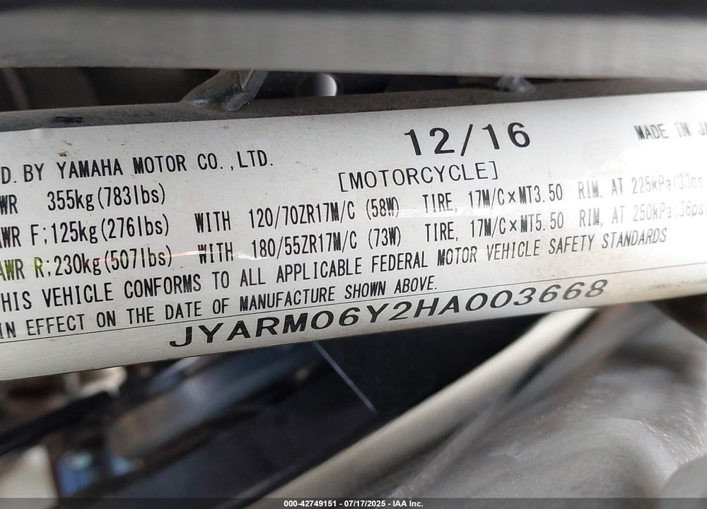 2017 YAMAHA FZ07 VIN: JYARM06Y2HA003668