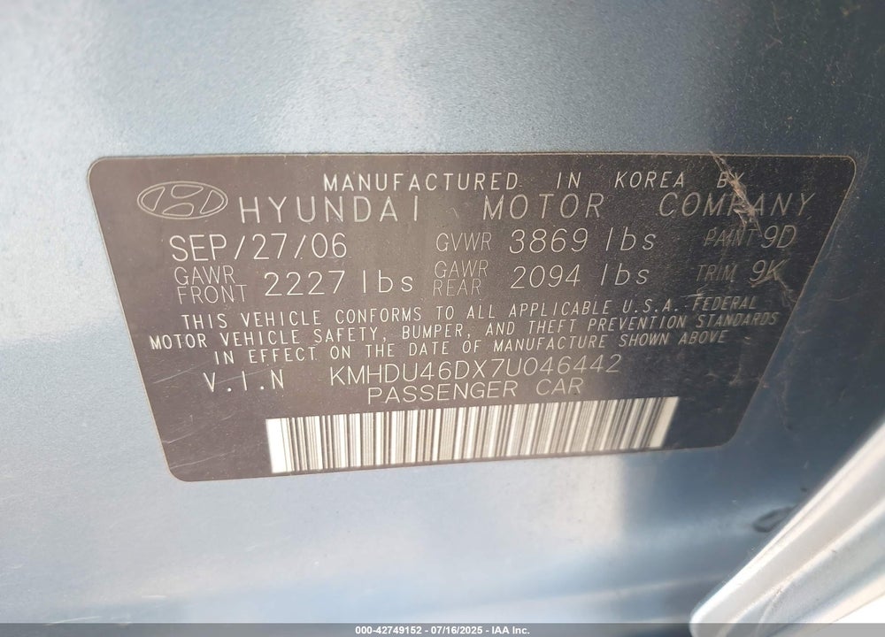 2007 HYUNDAI ELANTRA VIN: KMHDU46DX7U046442