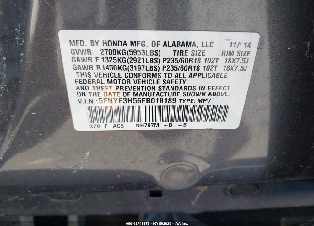 2015 HONDA PILOT VIN: 5FNYF3H56FB018189